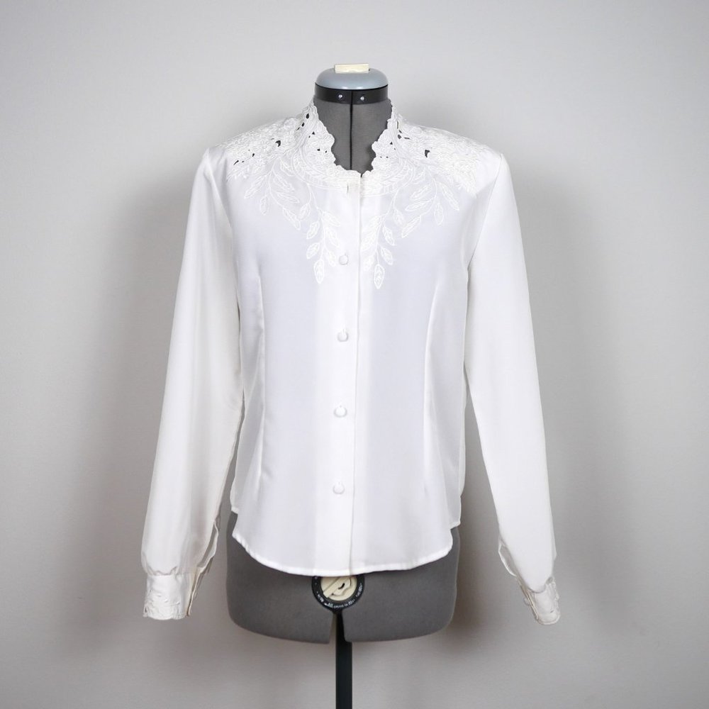 Vintage Elisabeth Williams White Lace Button Up Blouse Size Small